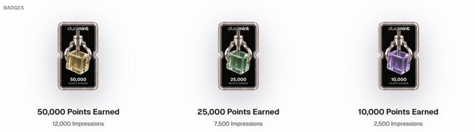 Three digital achievement badges on a white background labeled '50,000 Points Earned' (12,000 Impressions), '25,000 Points Earned' (7,500 Impressions), and '10,000 Points Earned' (2,500 Impressions).