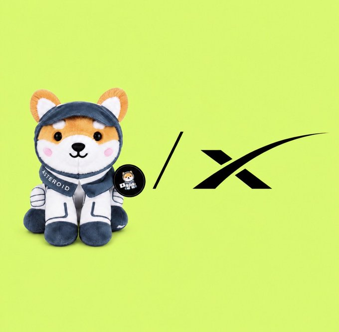 A promotional image on a lime green background featuring a plush dog toy wearing a space suit with 'ASTEROID' on the shoulder, displayed next to the 'PULIX' or 'PIX' brand logo and a small 'pix mart' badge.