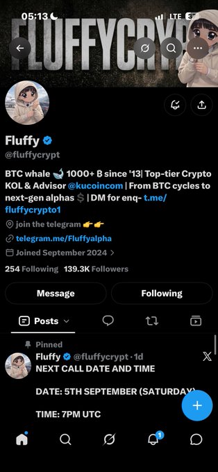 A Twitter/X profile page for 'Fluffy' (@fluffycrypt) with a verified blue checkmark, describing themselves as 'BTC whale 🐋 1000+ B since '13' with 139.3K followers, showing a pinned tweet about an upcoming call scheduled for September 5th at 7PM UTC.