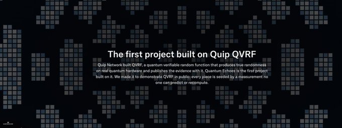 The image displays a dark promotional webpage for "The first project built on Quip QVRF," explaining that Quip Network's quantum verifiable random function generates true randomness on real quantum hardware to seed Quantum Echoes, with each piece seeded by a measurement no one can predict or recompute. This relates to the post about blank tokens ranking as #1 ETH art on OpenSea, highlighting the project’s unique appeal: collectors purchase art whose final image remains unseen until quantum-generated randomness reveals it.