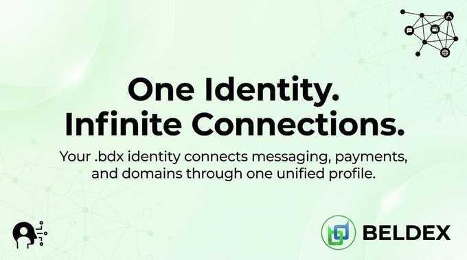 A promotional graphic for 'BELDEX' reads 'One Identity. Infinite Connections. Your .bdx identity connects messaging, payments, and domains through one unified profile.'