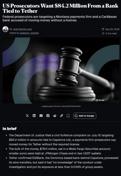 A news article from Jose Antonio Lanz titled 'US Prosecutors Want $84.2 Million From a Bank Tied to Tether,' discussing federal prosecutors targeting a Montana payments firm and a Caribbean bank accused of moving money without a license.