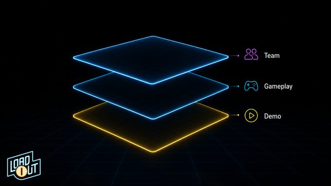 A dark graphic with three stacked glowing rectangles labeled 'Team', 'Gameplay', and 'Demo', alongside a 'LOAD OUT' logo.