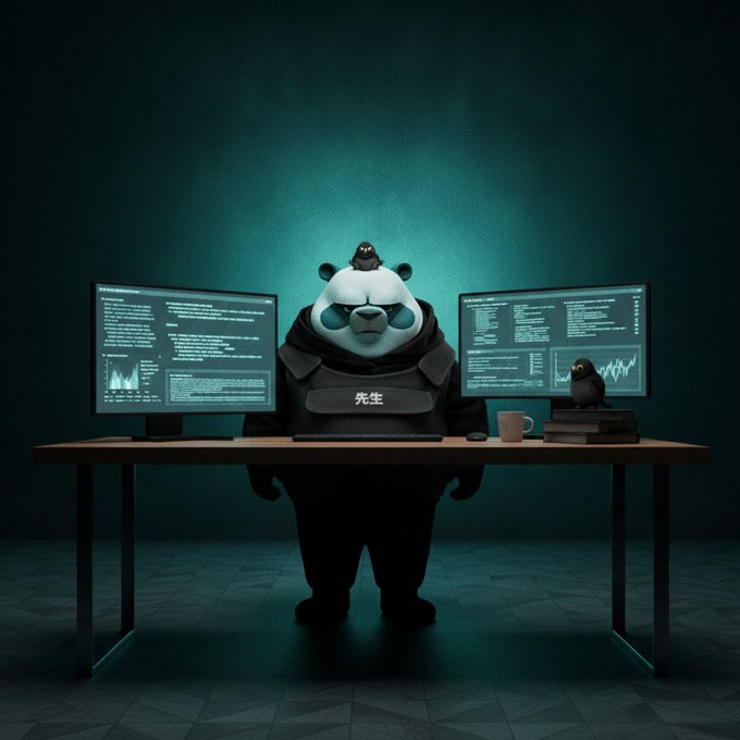 The image features a cartoon panda standing at a desk with two computer monitors, one of which has a screen displaying "gm guys!! 3 days until Solana Summit Berlin with @SuperteamDE". The panda appears to be dressed as a computer expert or hacker and is surrounded by various tech gadgets. There are also books on the desk, suggesting that the panda might be involved in some form of digital investigation or research.