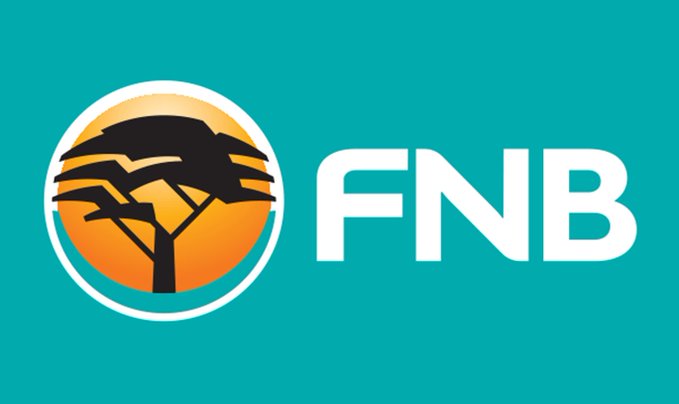 The FNB logo featuring a stylized African sunset with a tree silhouette inside an orange circle next to white 'FNB' lettering on a teal background.