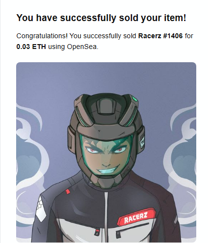 The image shows an OpenSea confirmation screen announcing the successful sale of "Racerz #1406" for 0.03 ETH, featuring an illustration of a confident cartoon racer in a helmet with "RACERZ" displayed on his suit. The sale aligns with the post celebrating a 7x profit on the NFT, which was originally minted for 0.004 ETH and resold for 0.03 ETH.