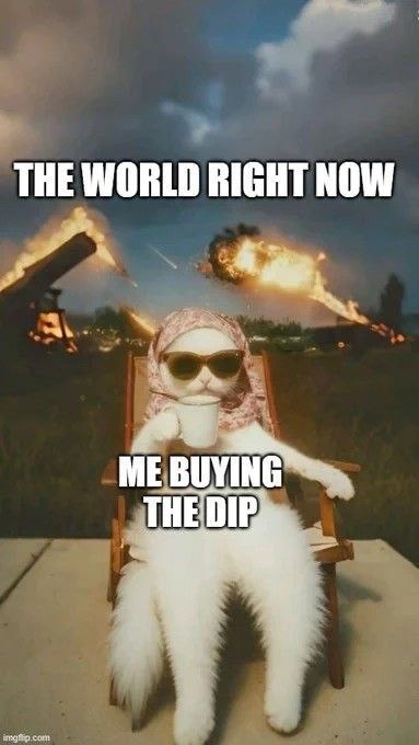 A smug white cat in sunglasses and a headscarf calmly sips tea while sitting in a chair amid explosions and chaos, with text reading "THE WORLD RIGHT NOW" above and "ME BUYING THE DIP" below. The meme captures a "degen mood" by humorously contrasting the calm, unbothered confidence of buying during a market crash with the surrounding turmoil, mocking the reckless optimism of crypto/investment traders.
