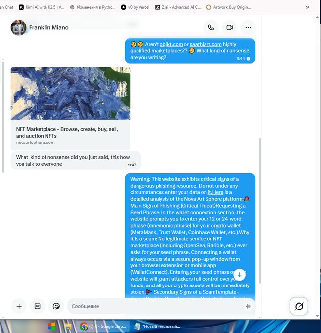 A chat conversation where 'Franklin Miano' shares a link to 'NFT Marketplace' (novaartsphere.com), followed by a lengthy warning message identifying it as a phishing scam.
