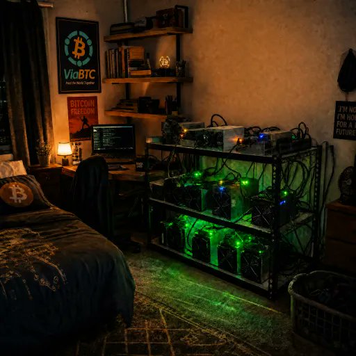 A dimly lit bedroom features a Bitcoin-themed poster ('VieBTC', 'Bitcoin Freedom') on the wall and a metal shelving unit holding multiple cryptocurrency mining rigs glowing with green lights.