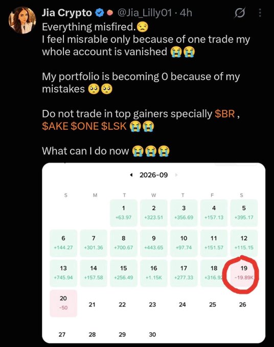 A social media post by verified user "Jia Crypto" (@Jia_Lilly01) lamenting lost crypto trades and advising against trading "$BR", "$AKE", "$ONE", "$LSK", accompanied by a September 2026 calendar showing daily profit/loss figures, with a -$19.89K loss on the 19th circled in red.