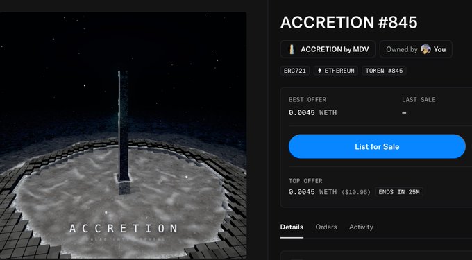 NFT listing page for 'ACCRETION #845' on ERC721 Ethereum, showing a 3D tower structure with best offer of 0.0045 WETH.