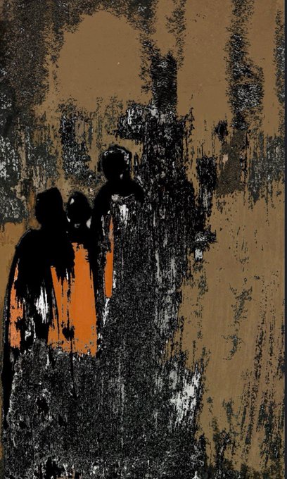 A textured, abstract painting in black, brown, and orange depicting silhouetted figures standing against a gritty, weathered background.