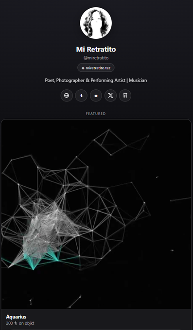 A profile page for 'Mi Retrato' (@miretratio), a Poet, Photographer & Performing Artist | Musician, featuring a featured digital artwork titled 'Aquarius' depicting abstract white and green geometric lines.