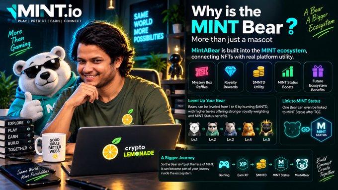 A promotional banner for MINT.io explaining 'Why is the MINT Bear? More than just a mascot,' featuring a man in a 'crypto lemonade' t-shirt and showcasing MintABear NFT levels, Mystery Box Surprises, and Royalty Rewards.