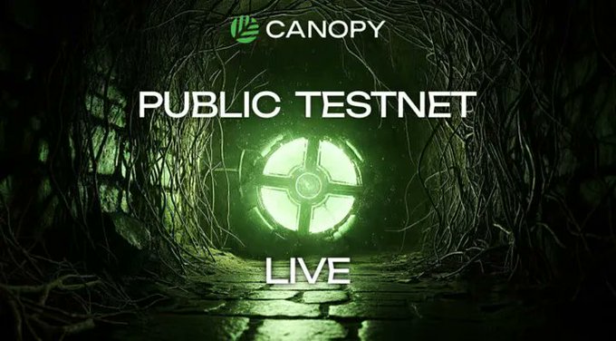 Promotional graphic announcing the launch of the Canopy ($CNPY) public testnet. The image features the Canopy logo at the top with bold white text reading "PUBLIC TESTNET LIVE" over a dark, atmospheric background of a glowing green circular portal framed by tangled roots and vines. It relates to the post by highlighting a live milestone for the $CNPY project, reinforcing its Bitcoin-like tokenomics (504M fixed supply, no inflation, no team pre-mine) now running on a publicly testable network.