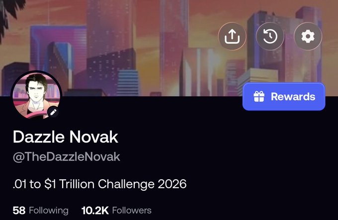 A profile page for "Dazzle Novak" (@TheDazzleNovak) showing 10.2K followers and a ".01 to $1 Trillion Challenge 2026" bio, celebrating crossing the 10k follower milestone on FOMO.
