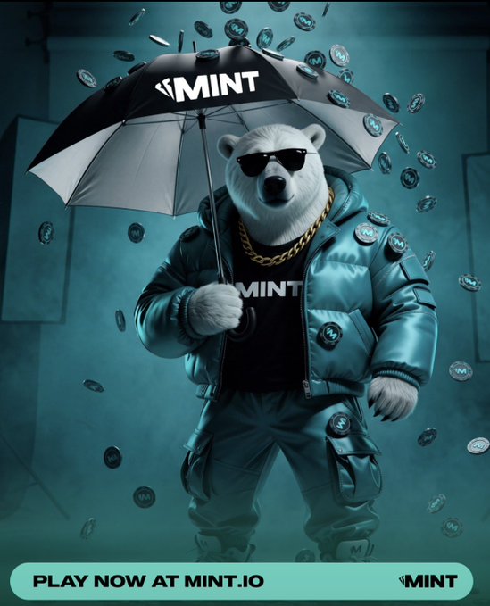 A promotional graphic for the cryptocurrency project MINT featuring a stylized white polar bear wearing sunglasses, a gold chain, and a teal puffer jacket while holding an 'MINT' umbrella, with falling coins and the text 'PLAY NOW AT MINT.IO'.