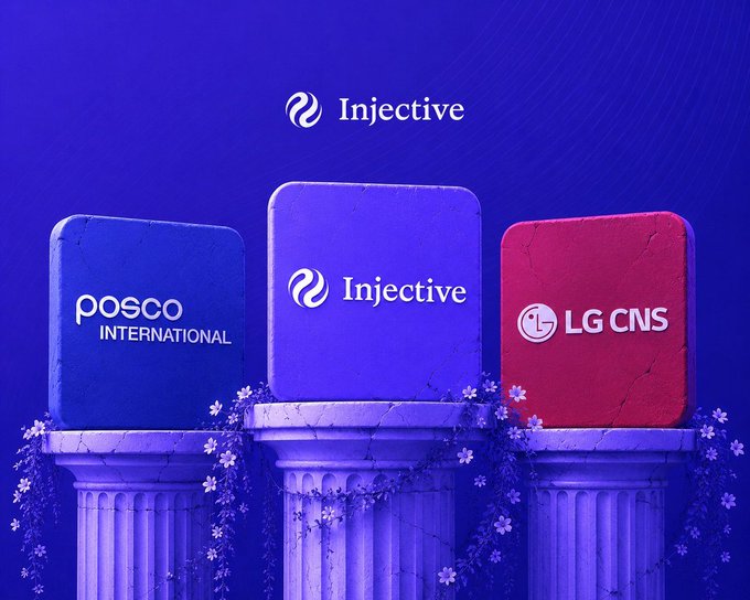 A 3D-rendered promotional image showing three columns with the logos 'POSCO INTERNATIONAL', 'Injective', and 'LG CNS' against a blue background with the 'Injective' logo at the top.