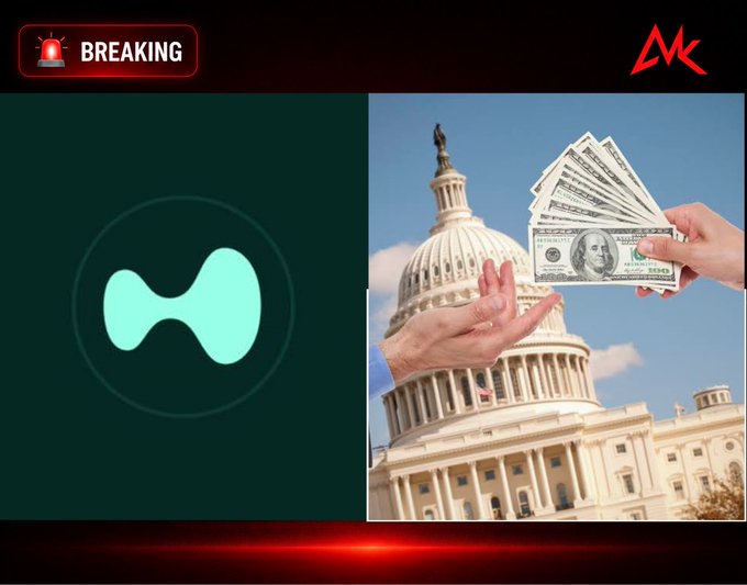 A 'BREAKING' news graphic featuring the HYPE/Hyperliquid logo alongside an image of hands exchanging dollar bills in front of the U.S. Capitol building, with an 'MK' logo in the corner.