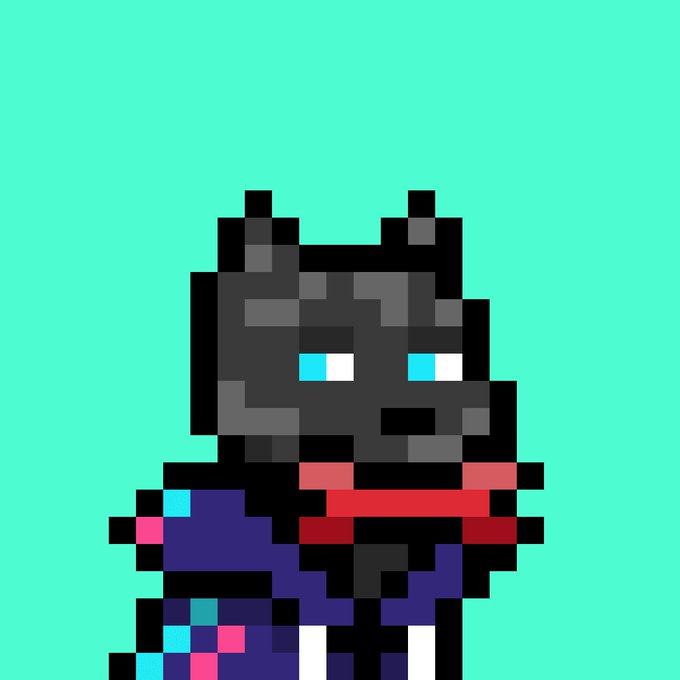 A pixel art depiction of a dark, cat-like character with glowing blue eyes wearing a red scarf against a teal background.