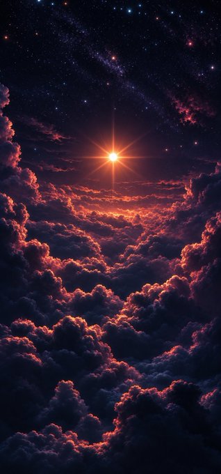 An artistic vertical image of a bright sun shining through dense clouds under a starry night sky, with reddish-orange light illuminating the cloud tops.