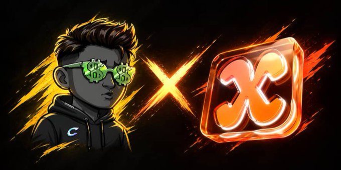 A digital illustration shows a stylized cartoon character with brown hair wearing green dollar-sign shaped glasses, with a glowing orange x logo resembling the X (Twitter) app icon on the right side.