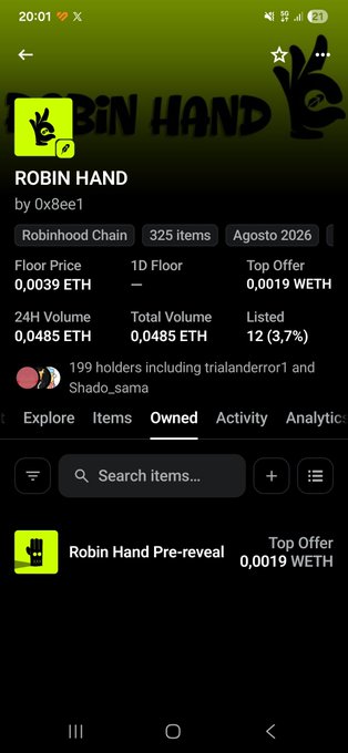 A mobile screenshot of the OpenSea app showing a collection called "ROBIN HAND" by 0x8ee1 on Robinhood Chain, displaying a floor price of 0.0039 ETH, 325 items, and an "Owned" tab confirming the user successfully minted a "Robin Hand Pre-reveal" NFT—matching the post celebrating a smooth first-come-first-serve mint via OpenSea.
