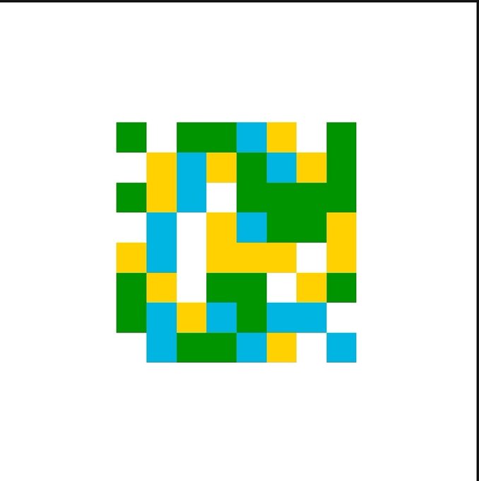 An abstract pixelated design composed of green, yellow, and cyan square blocks on a white background.