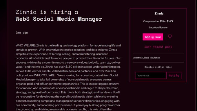 A dark-themed job listing page titled "Zinnia is hiring a Web3 Social Media Manager" offering $85k-$100k compensation for a remote role, with a pink "Apply Now" button and details about Zinnia being a technology platform for life and annuities growth.