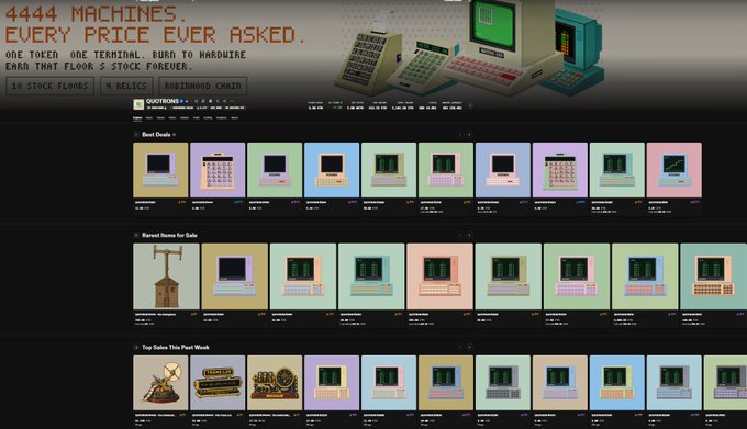 A screenshot of a website displaying '4444 MACHINES. EVERY PRICE EVER ASKED.' featuring rows of vintage computers and electronics for sale, including Best Deals, Barest Items, and Top Sales sections.