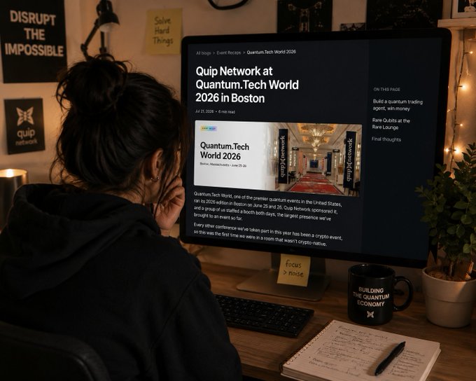 A person with a dark hoodie sits at a desk reading a blog post titled "Quip Network at Quantum.Tech World 2026 in Boston" dated July 21, 2026, with a "Focus > Noise" sticky note beside their keyboard and a "BUILDING THE QUANTUM ECONOMY" mug nearby. The image reflects the post's moment of discovery—leaning in to finally dig past the headline and understand what Quip Network is really building.