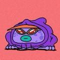 A pixel art illustration of a purple character wearing an orange visor and a hooded sweatshirt against a solid coral-pink background.