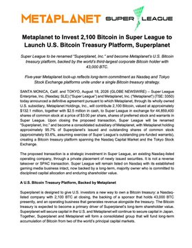 The image is a Metaplanet announcement about its U.S. Bitcoin treasury venture, “Superplanet”: Super League will become “Superplanet, Inc.,” with Metaplanet contributing 2,100 BTC and $2.5 million in cash for a 95.7% stake. It also notes that Nasdaq and Tokyo Exchange will accumulate Bitcoin.