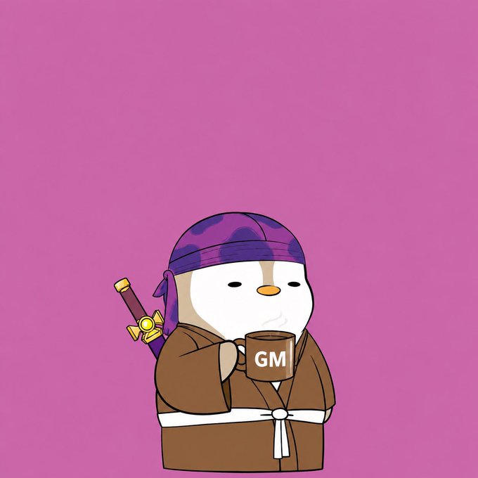 A cartoon penguin character dressed in a brown robe and purple bandana holds a steaming mug labeled "GM" alongside a sword, visually representing the "GM" (good morning) greeting in the caption as the character offers its own GM to the crypto community.