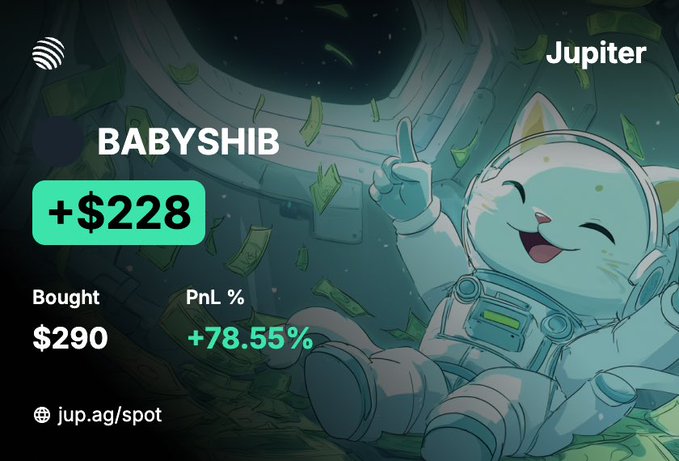 A Jupiter exchange promotional graphic features an astronaut cat floating among money with the text "BABYSHIB +$228, Bought $290, PnL % +78.55%," highlighting a profitable trade on the meme token that aligns with the caption's confident "Comfy in $BABYSHIB" sentiment.