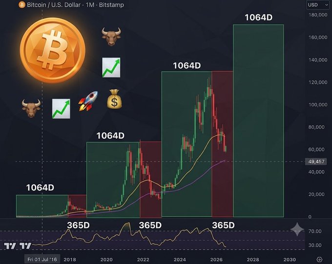 A Bitcoin/U.S. Dollar monthly chart from Bitstamp illustrates a repeating cyclical pattern with 365-day bear phases alternating with 1064-day bull phases since 2015, using colored boxes and bull emojis to mark each cycle. The chart projects the next major bull cycle peak around October 2026, with price levels shown extending up to $180,000 on the y-axis.