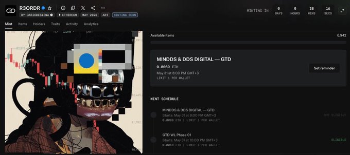 The image depicts a screen showing an abstract digital artwork with a face wearing a yellow mask, set against a black background. The screen also displays information about a music streaming service called "R3ORDR" that offers a free trial for users. It provides details such as the music genre (rap), a price of 0.006, and indicates it is currently available on May 1st and will continue to be accessible until June 15th.