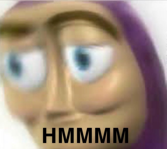 A blurry, low-resolution meme image of a cartoon character with large eyes and purple hair, with the text 'HMMMM' in bold black letters at the bottom.