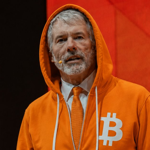 Michael Saylor speaks at an event wearing an orange Bitcoin-themed hoodie featuring the ₿ symbol, with an orange tie and a headset microphone, embodying his signature advocacy for Bitcoin as the post's quote, "The only clarity you need is Bitcoin," reflects his well-known bullish stance on the cryptocurrency.