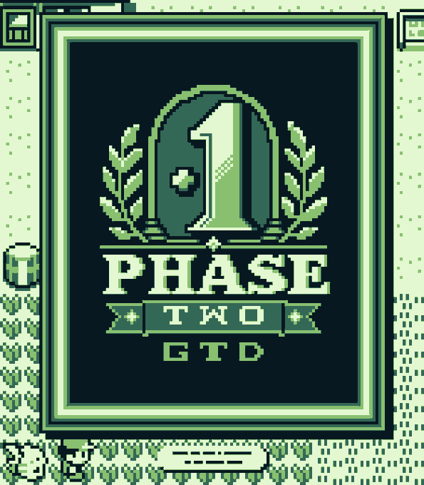 A pixel-art badge displays "1 PHASE TWO GTD" with laurel wreaths and a green color scheme, likely referencing a "Phase Two" mint event. The image relates to the post by commemorating that the user successfully minted their full allocation during this second phase of the project.