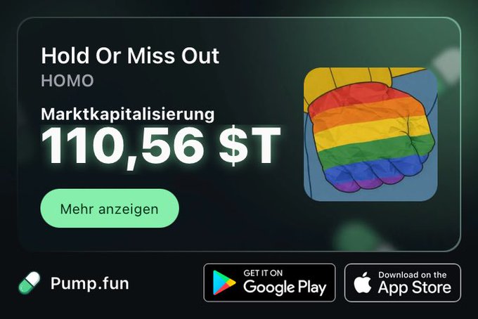 A white and black sign with a picture of an LGBT pride rainbow flag on it. In the bottom left corner, there's a green button labeled "hold or miss out", as well as some text related to LGBT pride. The sign also features information about a mobile application called "markkapitalisierung".