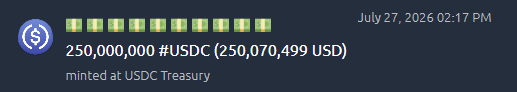 A blockchain transaction showing 250,000,000 #USDC (250,070,499 USD) minted at USDC Treasury on July 27, 2026 at 02:17 PM.