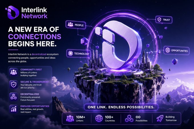 A promotional graphic for 'Interlink Network' with the tagline 'A NEW ERA OF CONNECTIONS BEGINS HERE,' describing it as a decentralized ecosystem emphasizing Community First, Secure & Transparent, Decentralized, and Endless Opportunities, with stats like 10M+ Linkers and 100+ Countries.