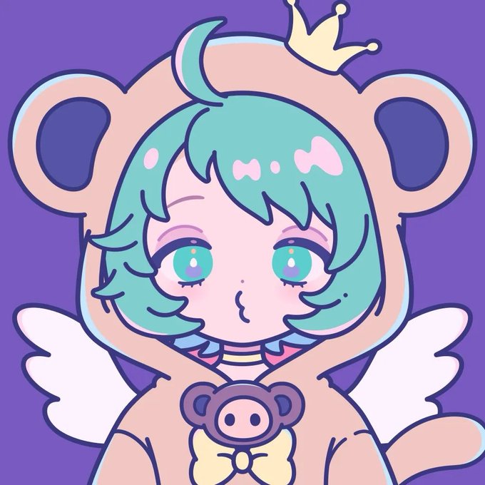 An anime-style illustration of a cute character with teal hair, large blue eyes, and a small golden crown, wearing a pink bear hood onesie with white wings on a purple background.
