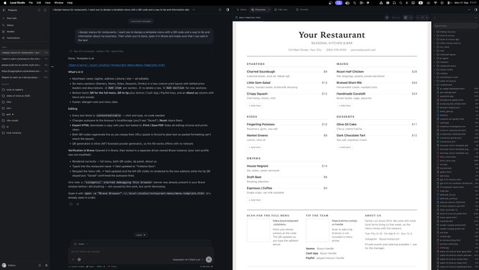 A screenshot of a desktop workspace showing an AI chat interface on the left generating a professional restaurant menu, with the designed menu displayed on the right.