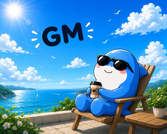 A cartoon illustration of a cute blue shark wearing sunglasses, sitting on a wooden lounge chair and holding a coffee cup, with 'GM' (Good Morning) text displayed against a bright seaside background.