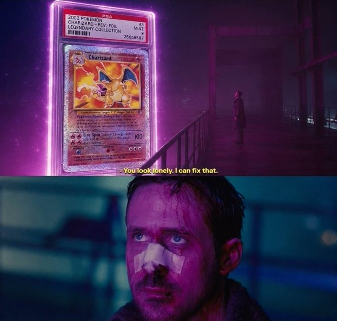 A PSA-graded 2002 Pokemon Charizard Legendary Collection Reverse Foil card overlaid on a scene of a bandaged man, with the caption "You look lonely. I can fix that."