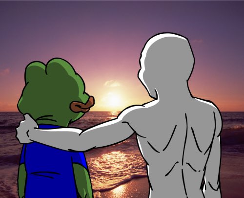 A Pepe the Frog meme image showing the green cartoon frog being comforted by a gray humanoid figure with arm around him, overlooking an ocean sunset.