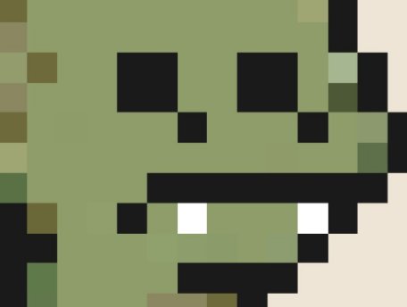 Pixel-art style cropped image of a green zombie-like face with hollow black eyes and exposed white teeth.