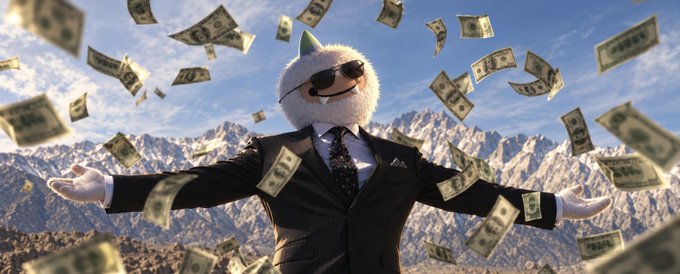 A surreal figure wearing a business suit and a fluffy white mask with a party hat stands with arms outstretched as dollar bills rain down against a mountainous backdrop.